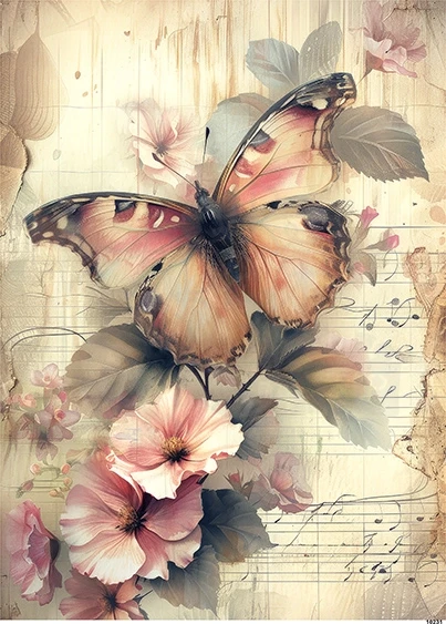 Papier ryżowy do decoupage A5 Motyl i kwiaty retro 10231