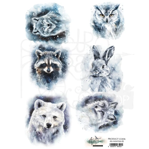 Papier ryżowy do decoupage A4 Winter Zimowe zwierzęta AA-WINTER-01 Alchemy of Art