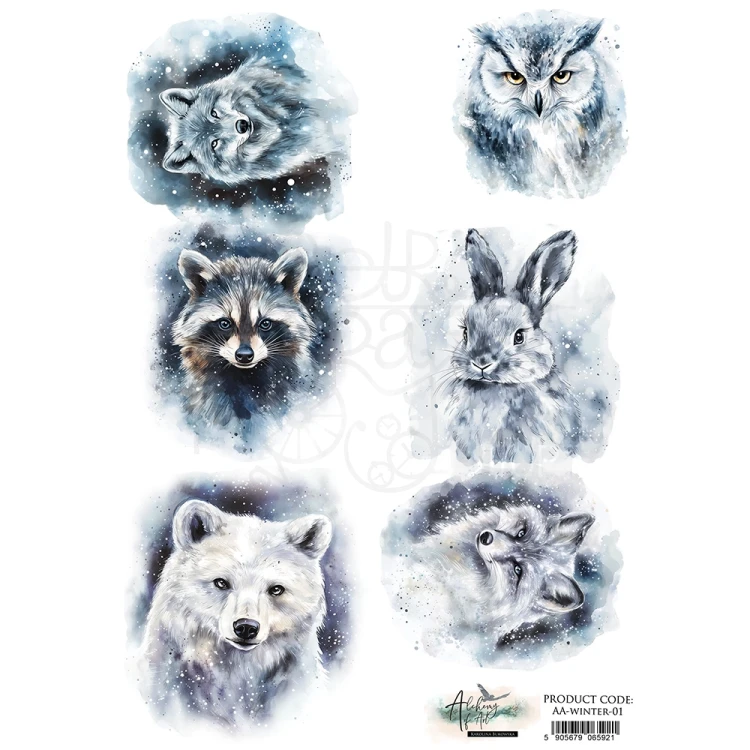 Papier ryżowy do decoupage A4 Winter Zimowe zwierzęta AA-WINTER-01 Alchemy of Art
