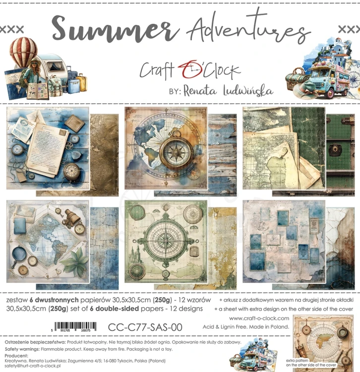 Zestaw papierów do scrapbookingu 30x30 Summer Adventures  CC-C77-SAS-00 Craft O'Clock