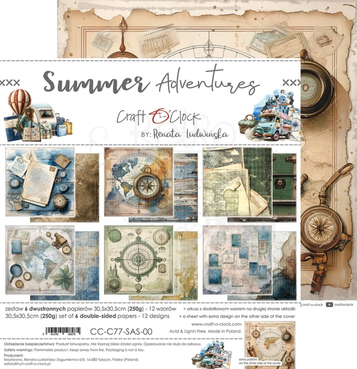 Zestaw papierów do scrapbookingu 30x30 Summer Adventures  CC-C77-SAS-00 Craft O'Clock