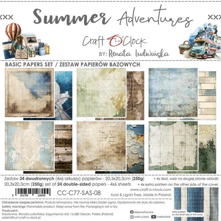 Zestaw papierów do scrapbookingu 20x20 Summer Adventures - Basic CC-C77-SAS-08 Craft O'Clock
