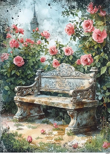 Papier ryżowy do decoupage A5 Kamienna ławka retro i kwiaty 11511