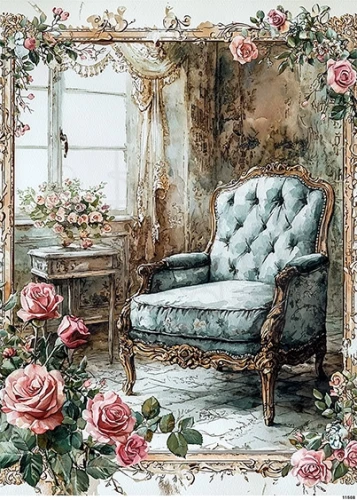 Papier ryżowy do decoupage A5 Fotel i kwiaty retro 11508