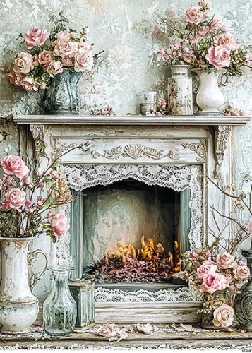 Papier ryżowy do decoupage A5 Kominek i kwiaty retro 11505