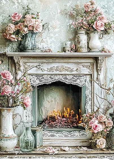 Papier ryżowy do decoupage A5 Kominek i kwiaty retro 11505