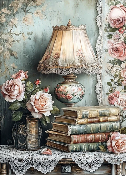 Papier ryżowy do decoupage A5 Lampa retro książki i kwiaty 11482