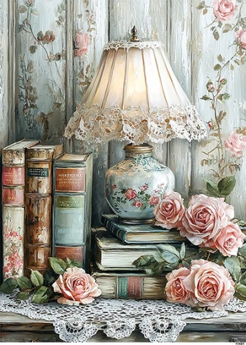 Papier ryżowy do decoupage A5 Lampa retro książki i kwiaty 11481