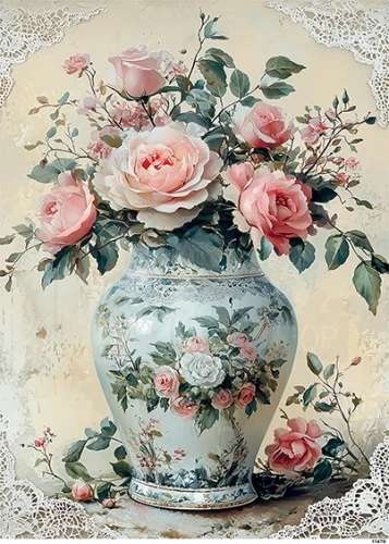 Papier ryżowy do decoupage A5 Wazon retro i kwiaty 11478