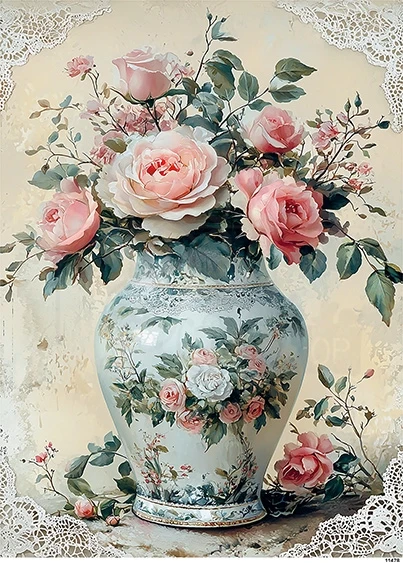 Papier ryżowy do decoupage A5 Wazon retro i kwiaty 11478