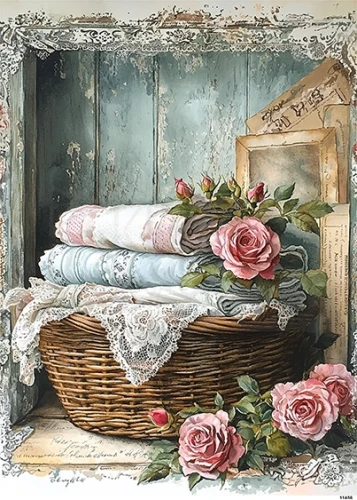 Papier ryżowy do decoupage A5 Kosz z bielizną retro i róże 11456