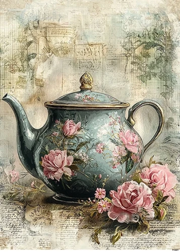 Papier ryżowy do decoupage A5 Imbryk czajniczek retro i kwiaty  11441