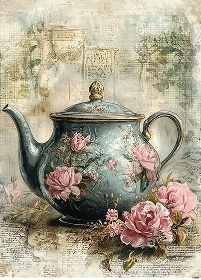 Papier ryżowy do decoupage A5 Imbryk czajniczek retro i kwiaty  11441