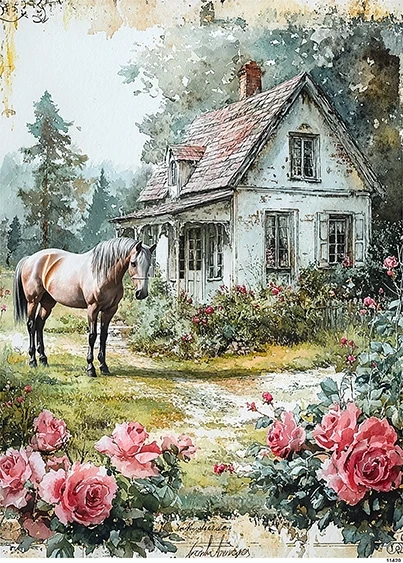 Papier ryżowy do decoupage A5 Wiejski domek koń i róże  11420