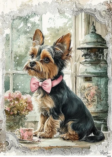 Papier ryżowy do decoupage A5 Pies York z kokardką 2 11415