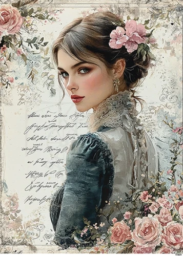 Papier ryżowy do decoupage A5 Dziewczyna i róże retro 11401
