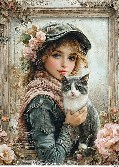 Papier ryżowy do decoupage A5 Dziewczynka z kotem 2 11374