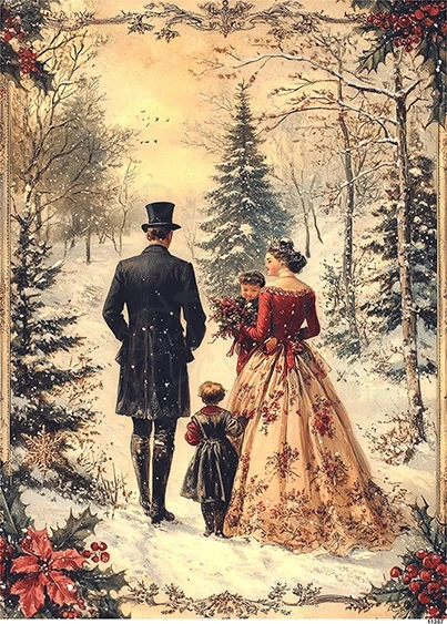 Papier ryżowy do decoupage A5 Rodzina na spacerze zimą retro 2 11357