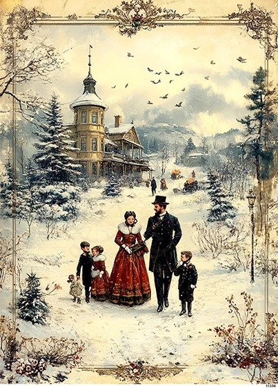 Papier ryżowy do decoupage A5 Rodzina na spacerze zimą retro 1 11356
