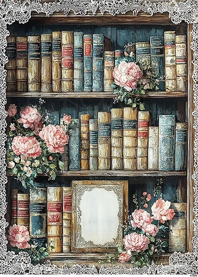 Papier ryżowy do decoupage A4 Półka z książkami retro 11509