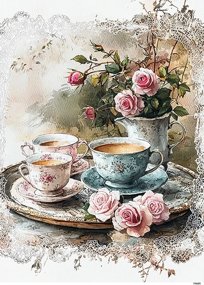 Papier ryżowy do decoupage A4 Filiżanki z kawą i kwiaty retro 11431