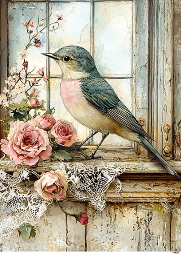 Papier ryżowy do decoupage A4 Ptaszek na oknie i kwiaty 11425