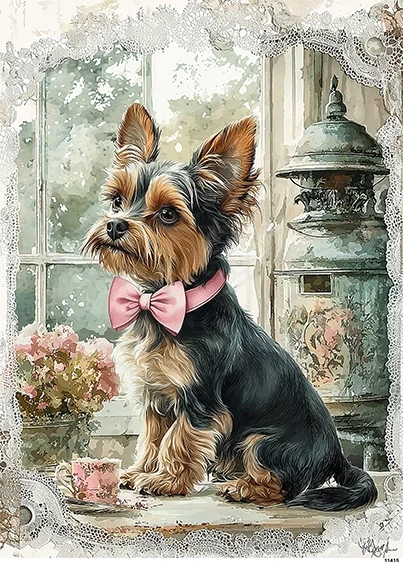 Papier ryżowy do decoupage A4 Pies York z kokardką 2 11415