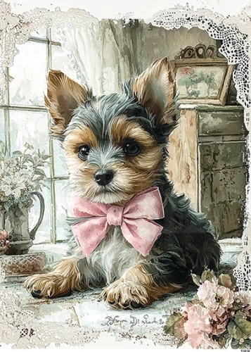 Papier ryżowy do decoupage A4 Pies York z kokardką 1 11414