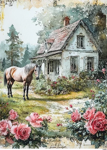 Papier ryżowy do decoupage A4 Wiejski domek koń i róże  11420