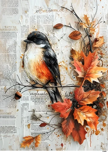 Papier ryżowy do decoupage A4 Jesienny ptak na gałęzi 11265