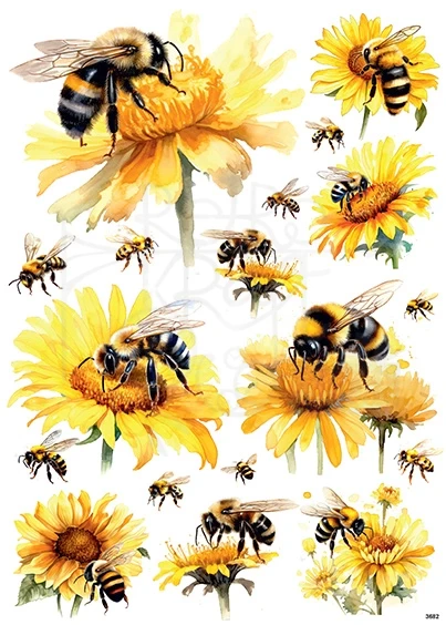 Papier ryżowy do decoupage A4 Pszczoły i żółty kwiat 3682