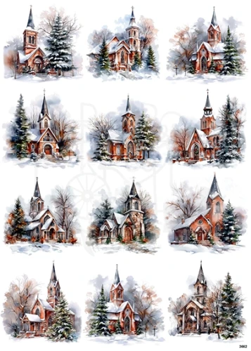 Papier ryżowy do decoupage A4 Zimowe kościoły 3 małe 3662