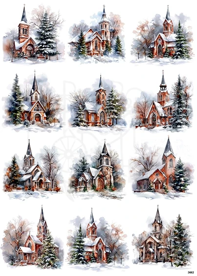 Papier ryżowy do decoupage A4 Zimowe kościoły 3 małe 3662