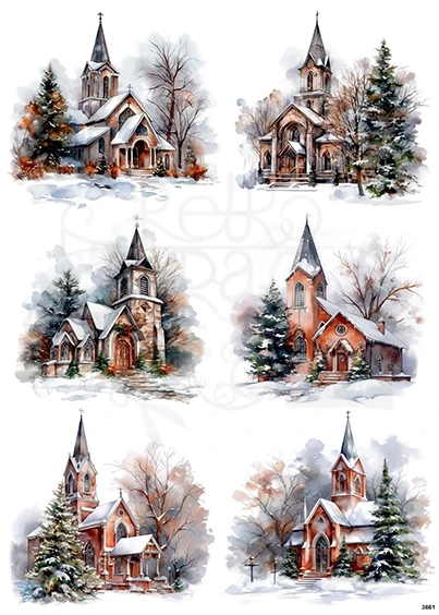 Papier ryżowy do decoupage A4 Zimowe kościoły 2 3661