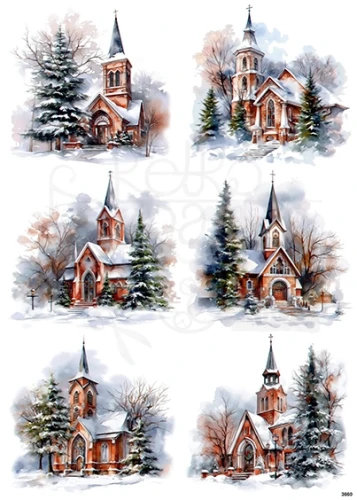Papier ryżowy do decoupage A4 Zimowe kościoły 1 3660