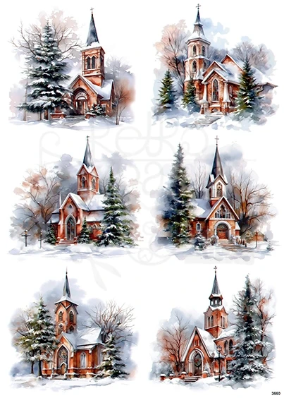 Papier ryżowy do decoupage A4 Zimowe kościoły 1 3660