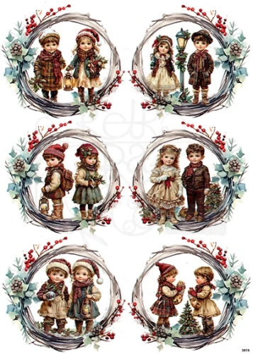 Papier ryżowy do decoupage A4 Dzieci w zimowych wiankach 5 małe 3616