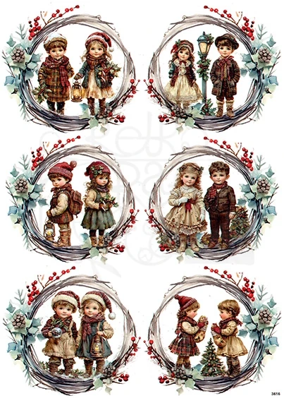 Papier ryżowy do decoupage A4 Dzieci w zimowych wiankach 5 małe 3616