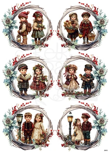 Papier ryżowy do decoupage A4 Dzieci w zimowych wiankach 4 3615