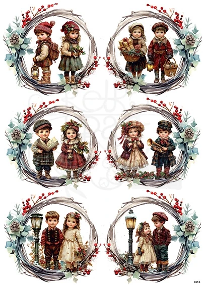 Papier ryżowy do decoupage A4 Dzieci w zimowych wiankach 4 3615