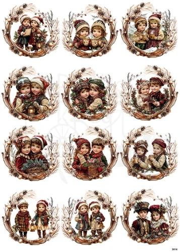 Papier ryżowy do decoupage A4 Dzieci w zimowych wiankach 3 małe 3614