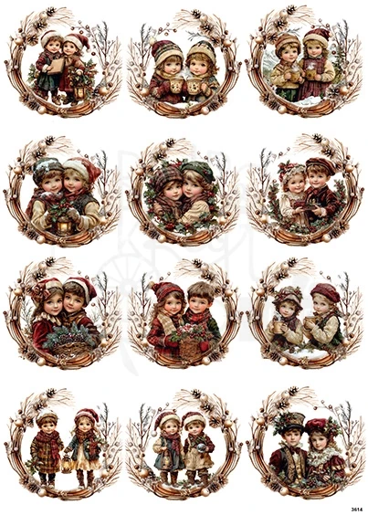 Papier ryżowy do decoupage A4 Dzieci w zimowych wiankach 3 małe 3614