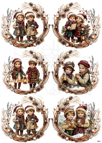 Papier ryżowy do decoupage A4 Dzieci w zimowych wiankach 2 3613