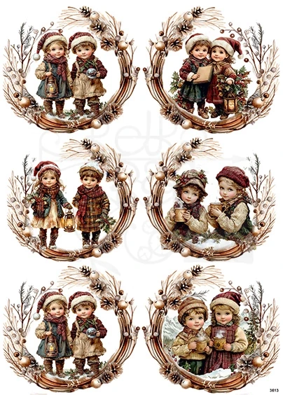 Papier ryżowy do decoupage A4 Dzieci w zimowych wiankach 2 3613