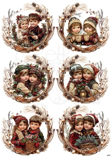 Papier ryżowy do decoupage A4 Dzieci w zimowych wiankach 1 3612
