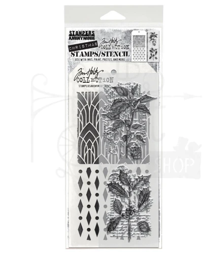 Zestaw stemple + szablon #75 Festive Collage THMM175 Tim Holtz Stampers Anonymous
