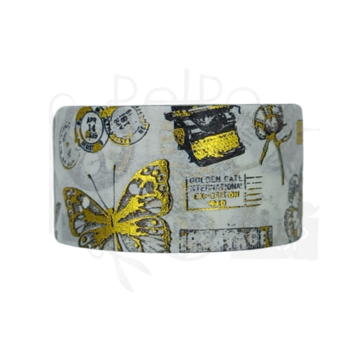 Taśma washi - Kwiaty motyle retro złote - 20mm