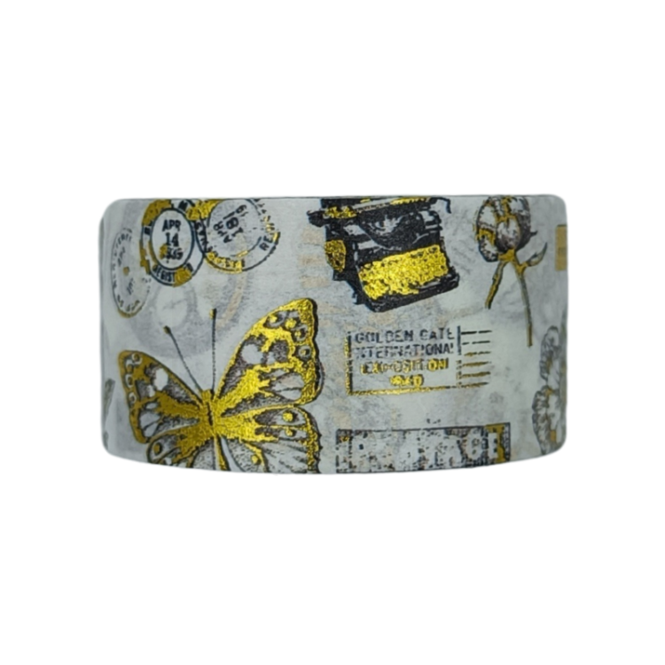Taśma washi - Kwiaty motyle retro złote - 20mm