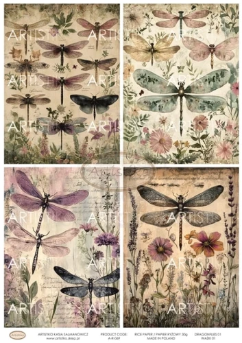 Papier ryżowy do decoupage A4 Ważki 01 A-R-069 Artistiko