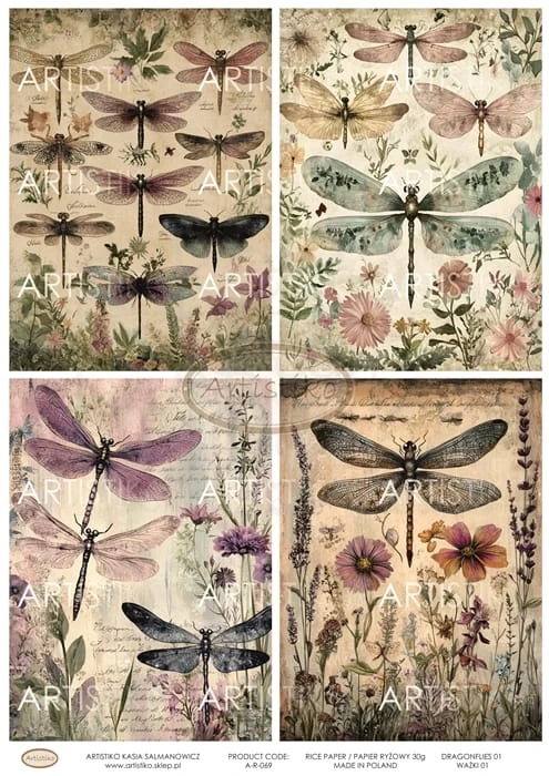Papier ryżowy do decoupage A4 Ważki 01 A-R-069 Artistiko